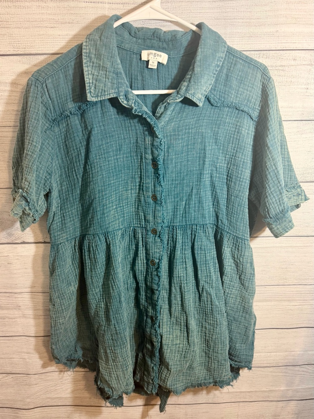 Umgee Teal Blue Gauze Button-Front Peplum Blouse